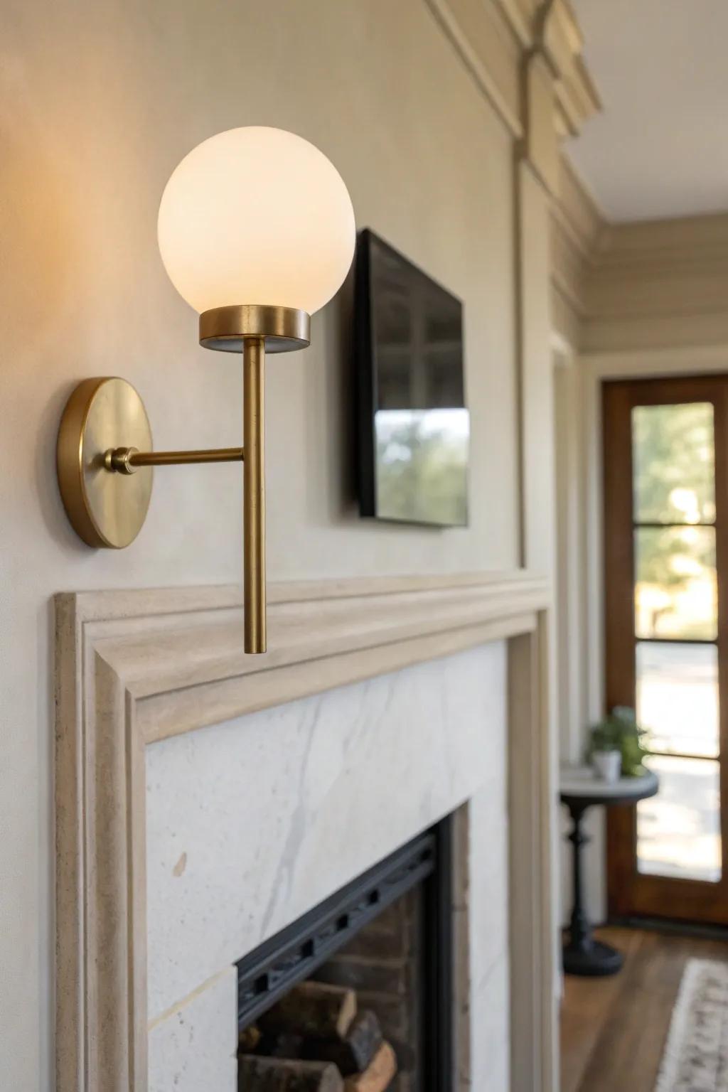 A modern brass sconce adds clean symmetry and warm glow for a transitional fireplace moment.