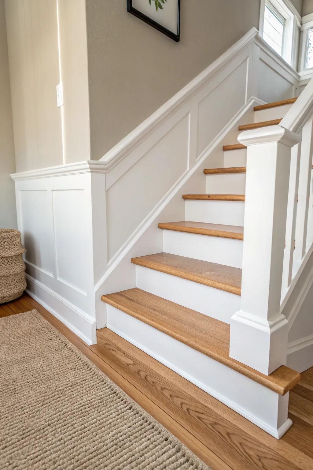 Crisp two-tone paint makes simple stair trim pop—bright white below, warm neutral above.