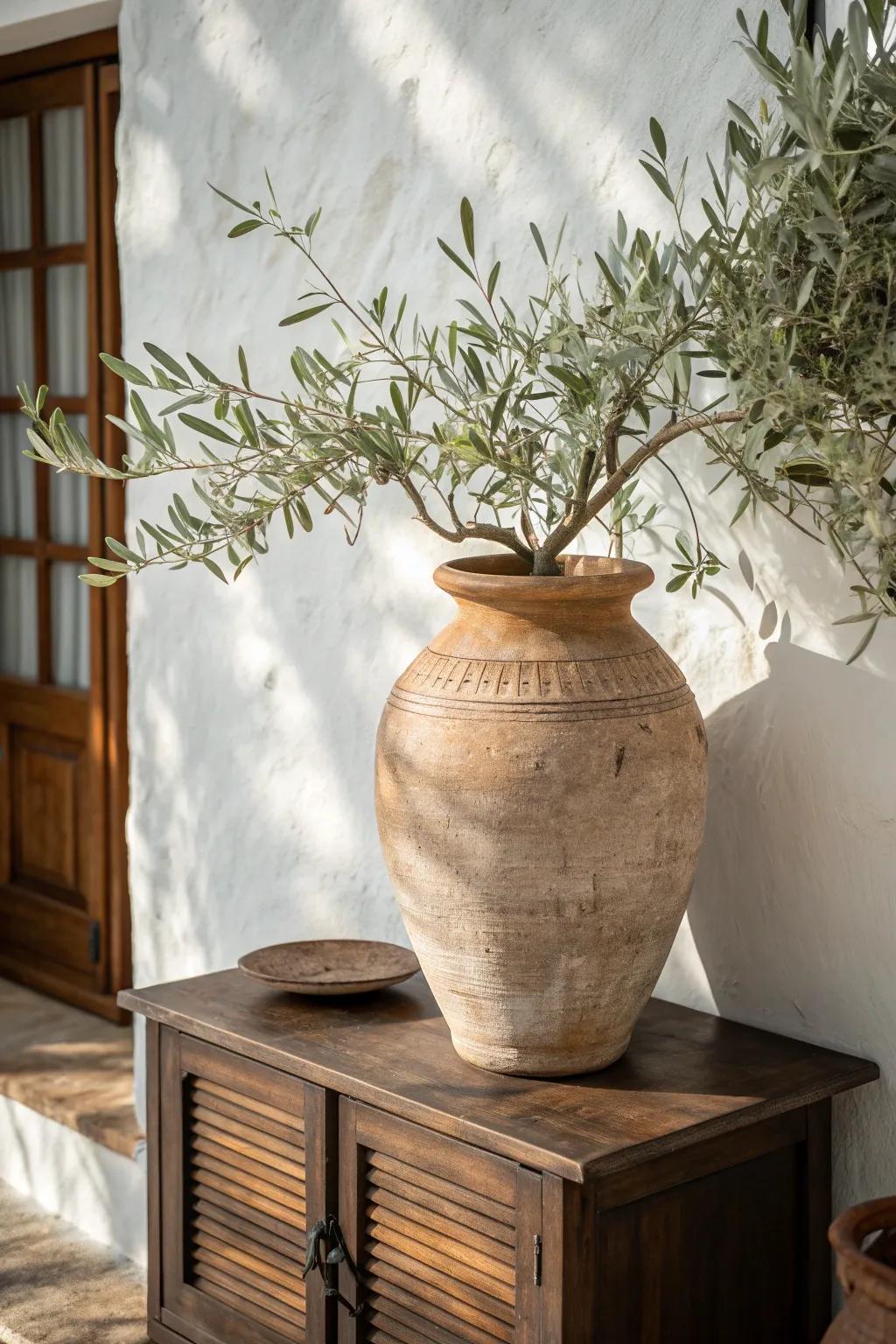 Oversized terracotta urn with olive branches—instant Tuscan softness for warm wood spaces.
