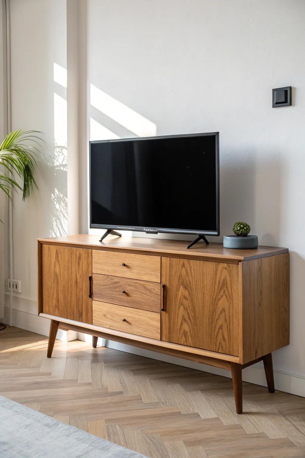 Layer warm and dark wood tones under your TV for a curated, Scandinavian sideboard look.