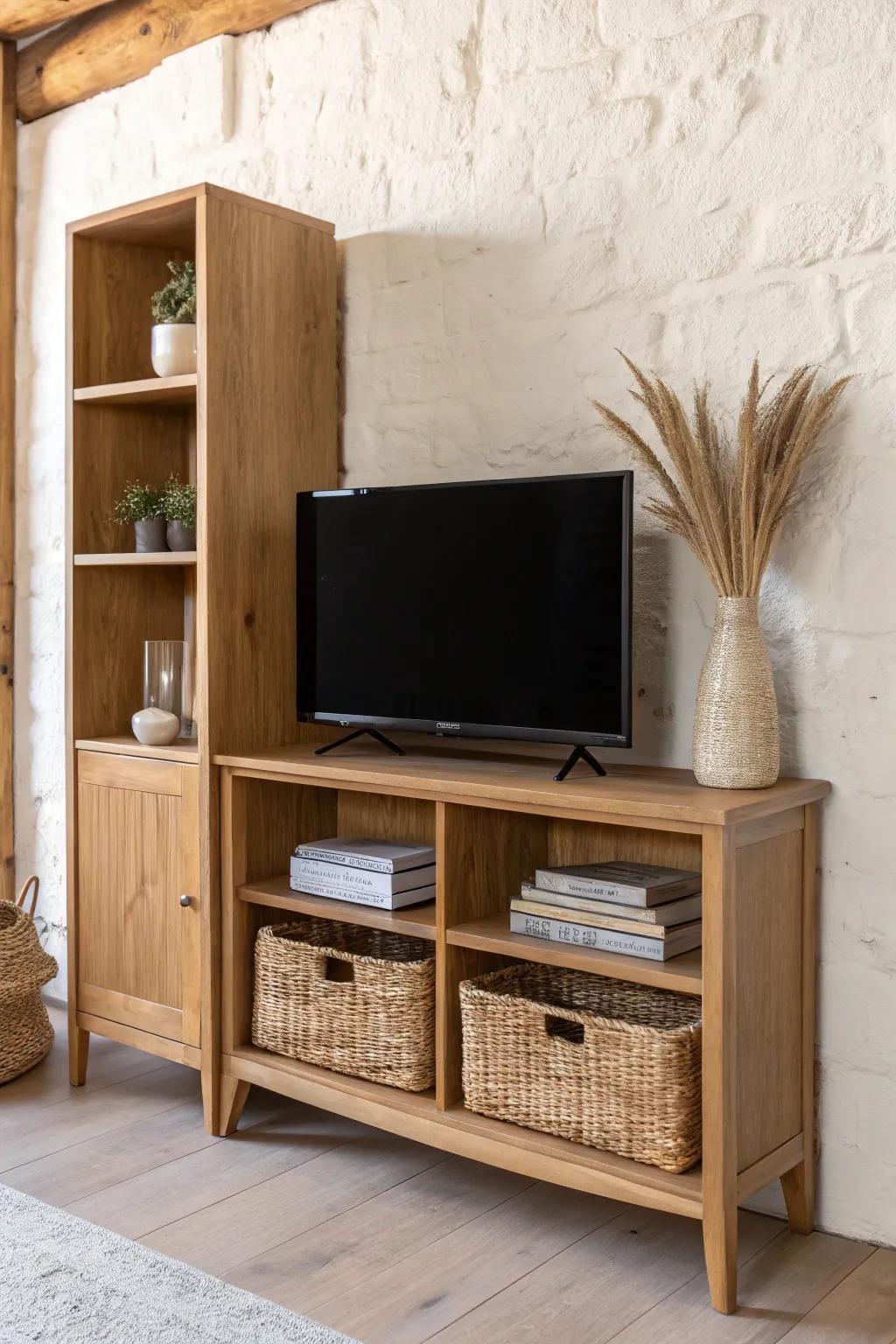 Open oak shelving turns your TV wall into a curated, airy display—stylish and practical.