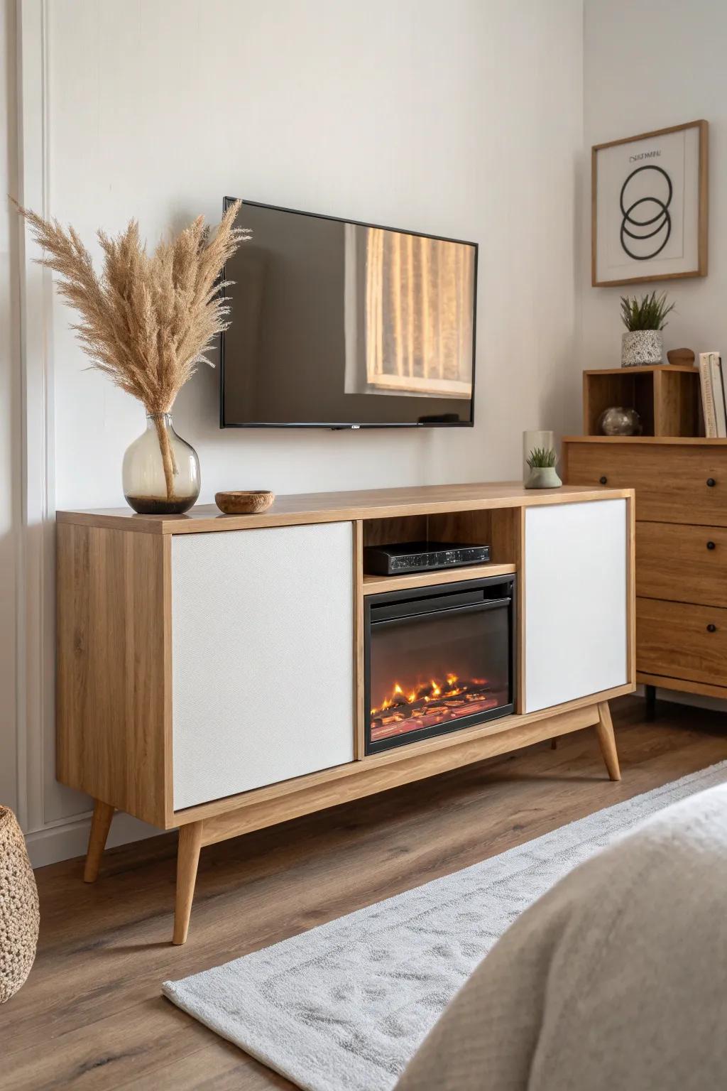 Minimal oak console with faux fireplace glow—cozy bedroom TV stand ideas with custom built-in charm.