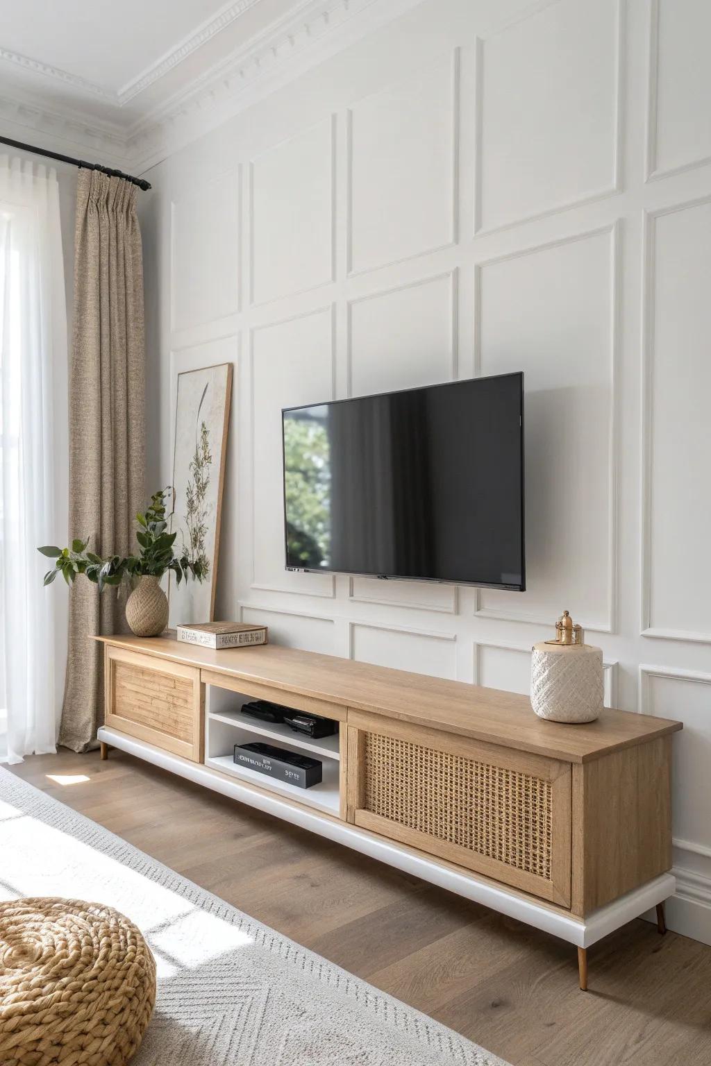 Crisp molding frames + a floating oak console for a sleek, clutter-free TV wall.