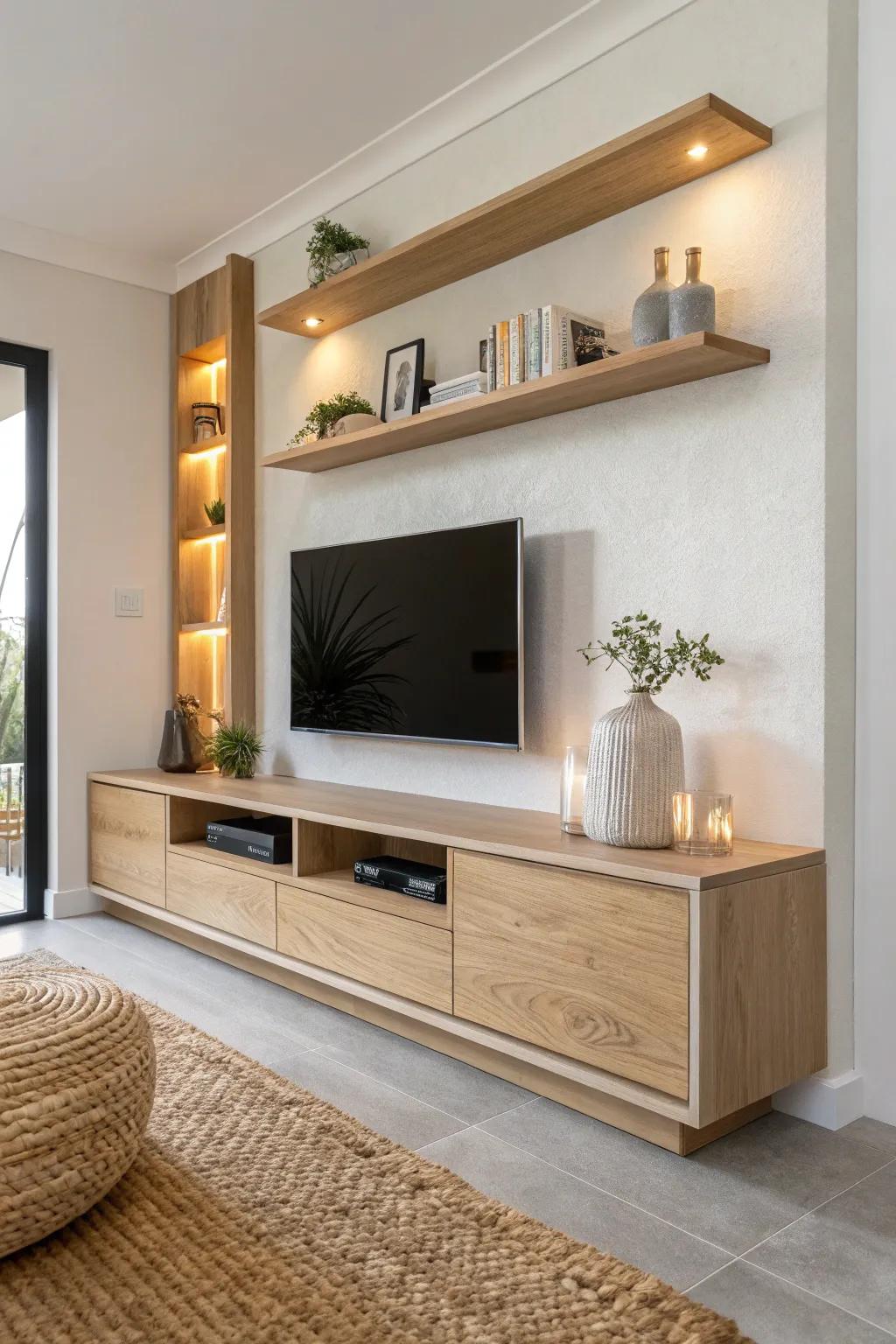 Warm LED backlit oak shelves add a cozy, high-end glow to a minimalist TV wall unit.
