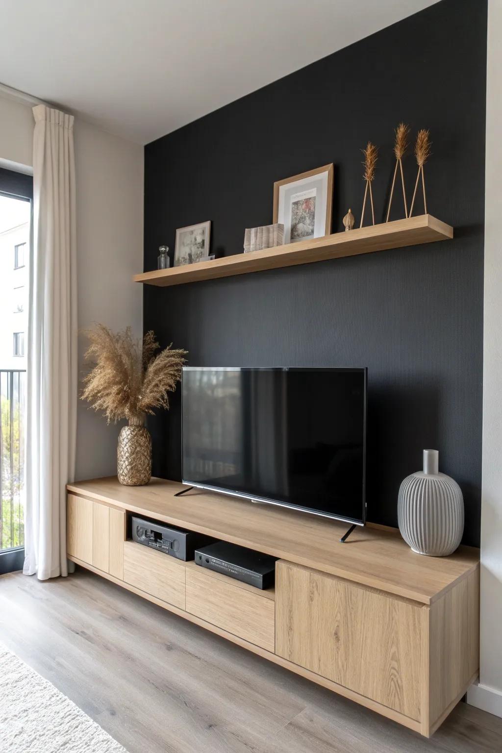 Deep charcoal TV wall + light oak shelves: a simple contrast that feels instantly elevated.