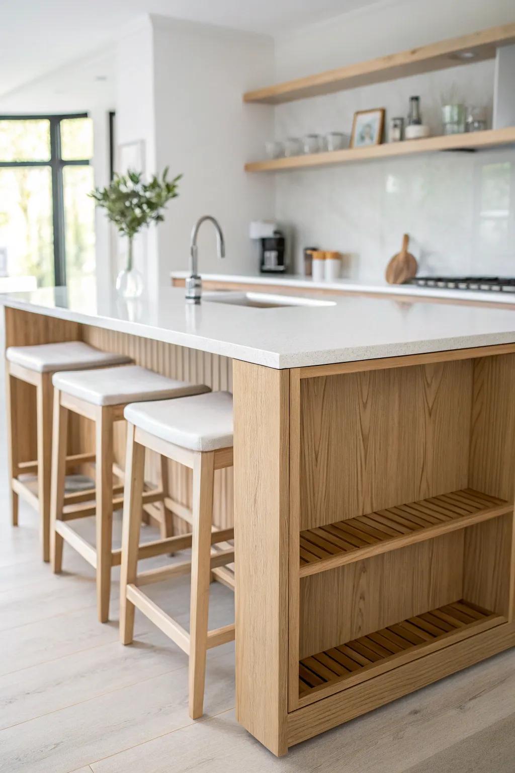 A polished two-tier island: raised waterfall edge that frames seating with effortless warmth.