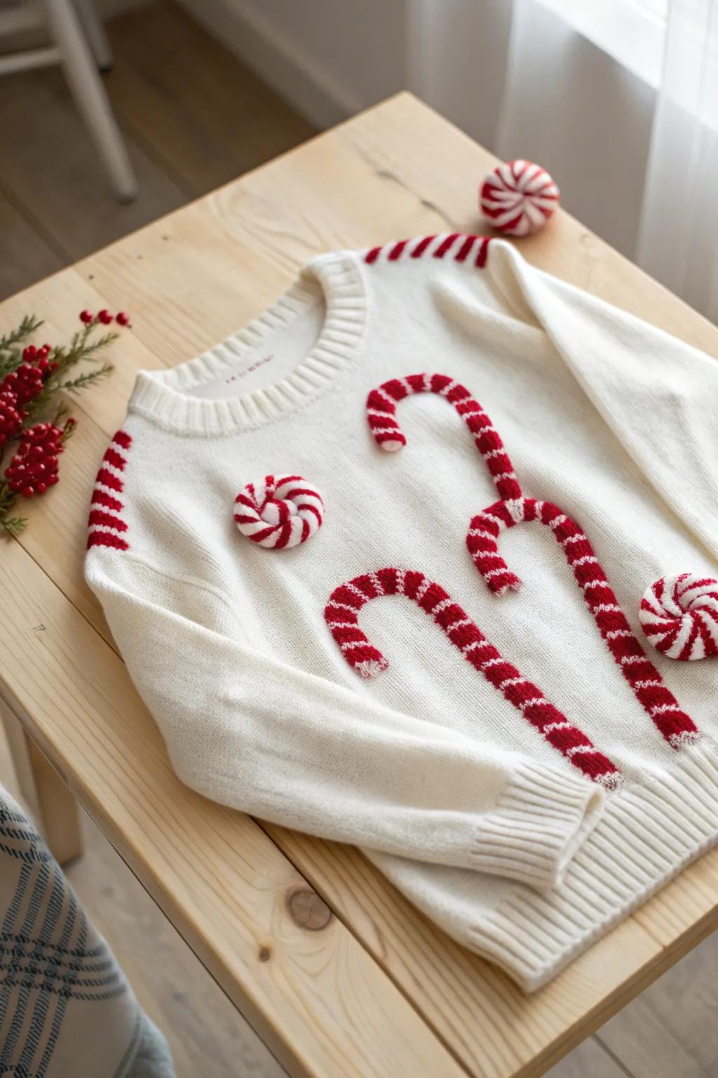 Craft your holiday spirit with minimalist charm: Candy Cane Stripes Sweater.