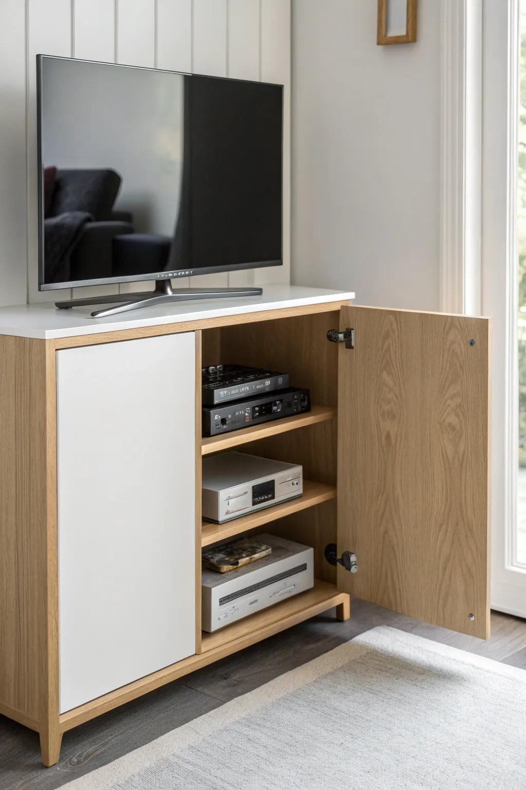 Slim flip-front cabinet keeps media tidy under the TV—ideal storage for narrow rooms.