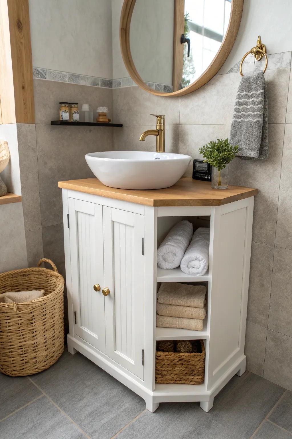 A handcrafted corner vanity that steals back floor space—minimal, warm oak, and storage-smart.