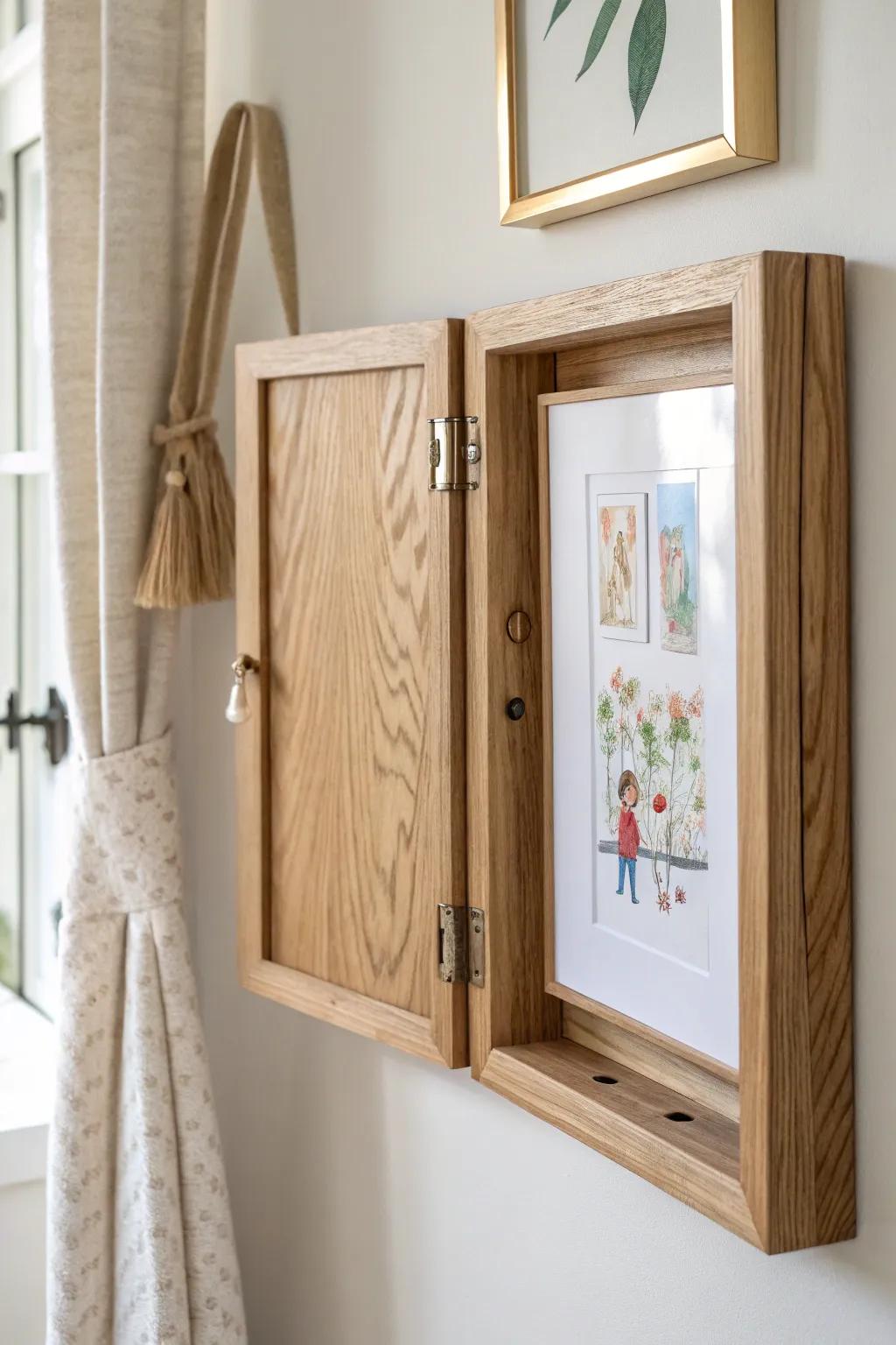 A hinged oak art frame that opens like a door—swap kids’ masterpieces in seconds.