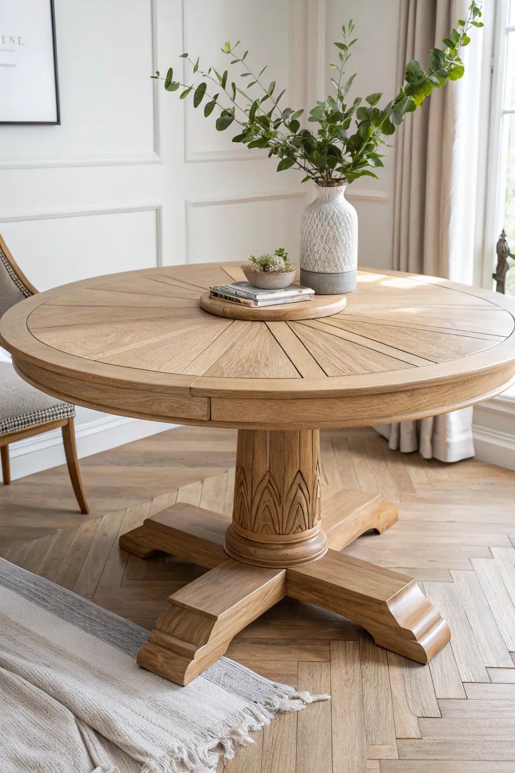 Capstan-style round dining table mid-expansion—precision oak joinery with minimalist warmth.