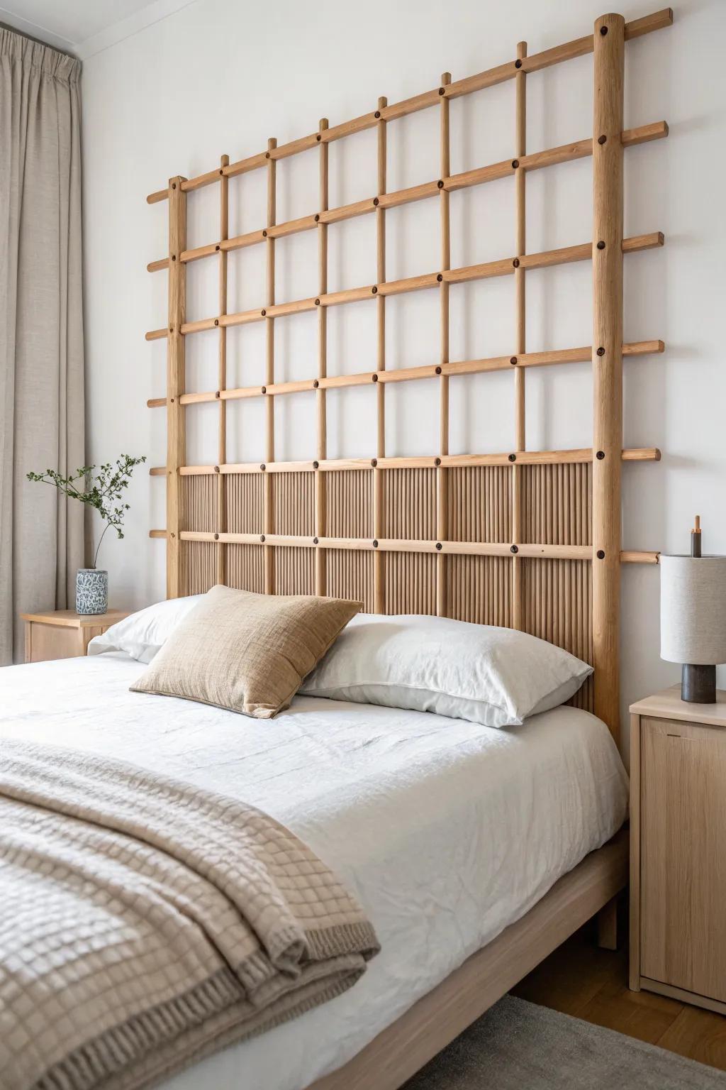 A dowel-grid headboard that adds mid-century texture with clean Scandinavian calm.