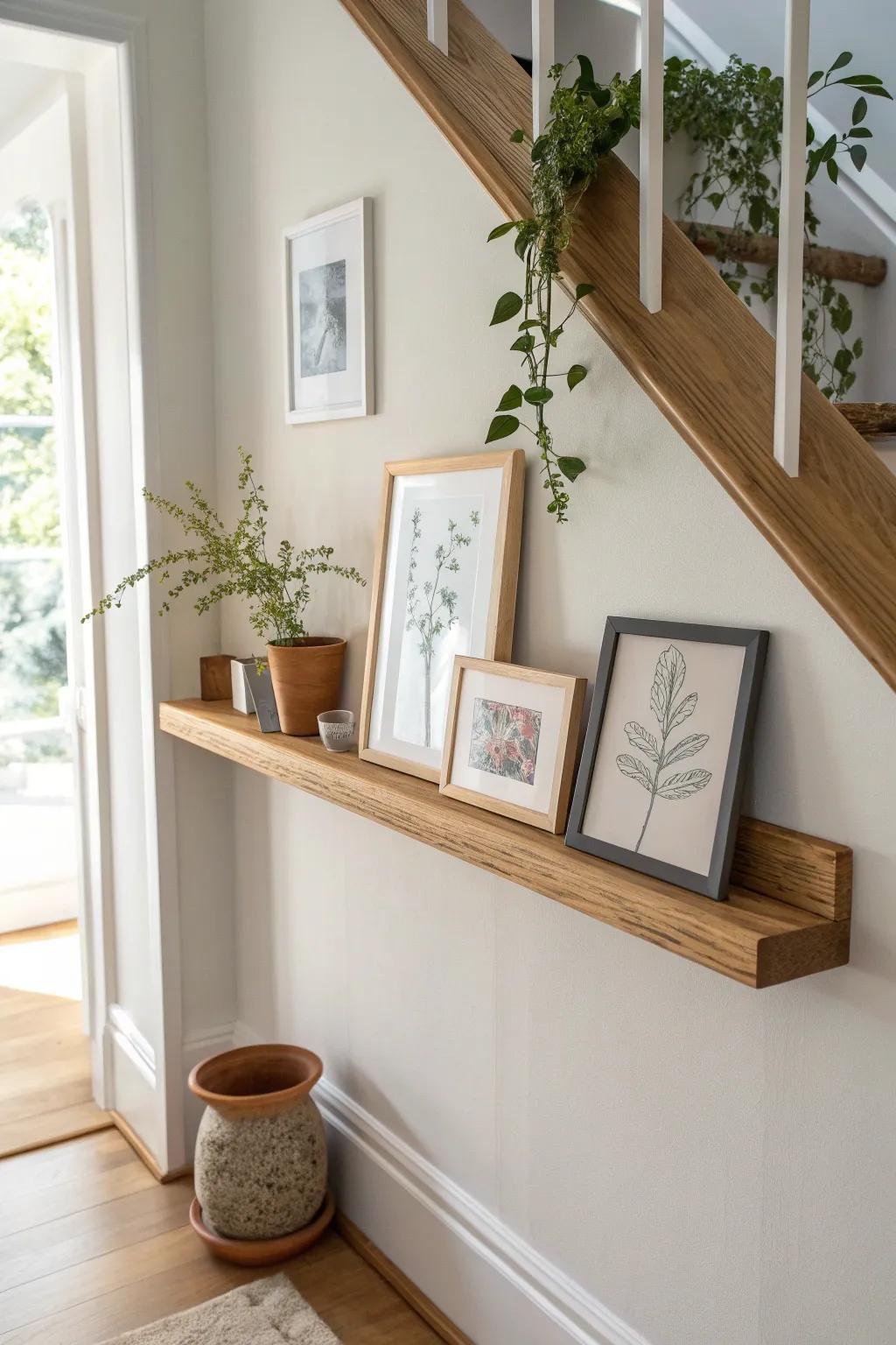 A simple oak picture ledge lets you rotate hallway art and a tiny plant—no extra nail holes.