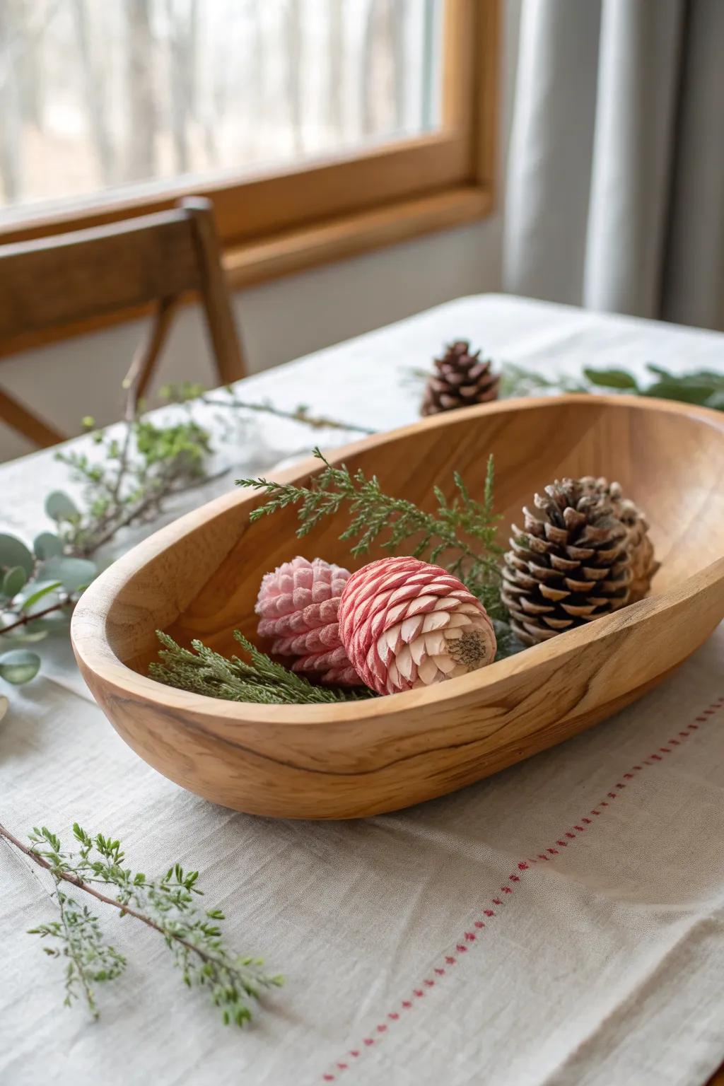 Blush-dipped pinecones nestled in a wooden dough bowl for a simple Valentine’s touch.
