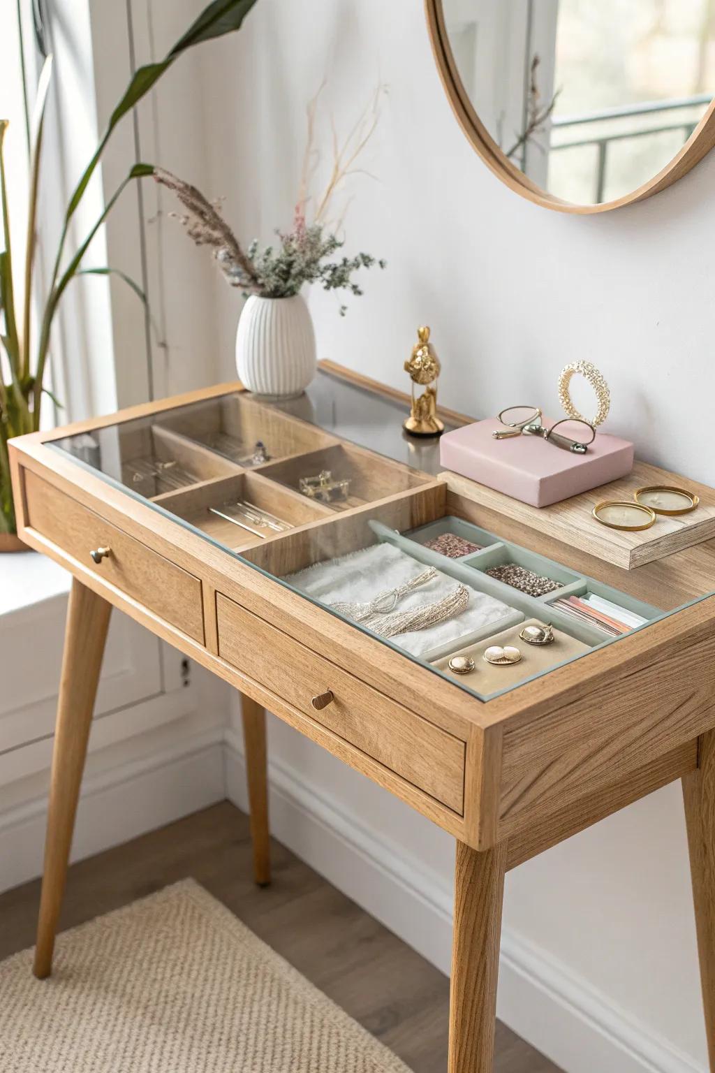 A glass-top vanity desk that turns your jewelry trays into a minimalist display case.