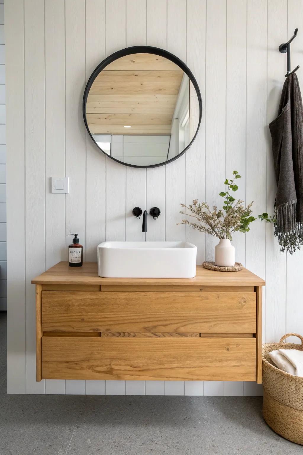 Floating oak vanity against vertical shiplap for a light, airy bathroom with crafted warmth.