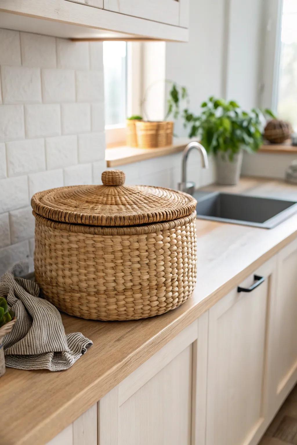 A single woven basket above cabinets adds hidden storage and keeps tiny-kitchen counters clear.