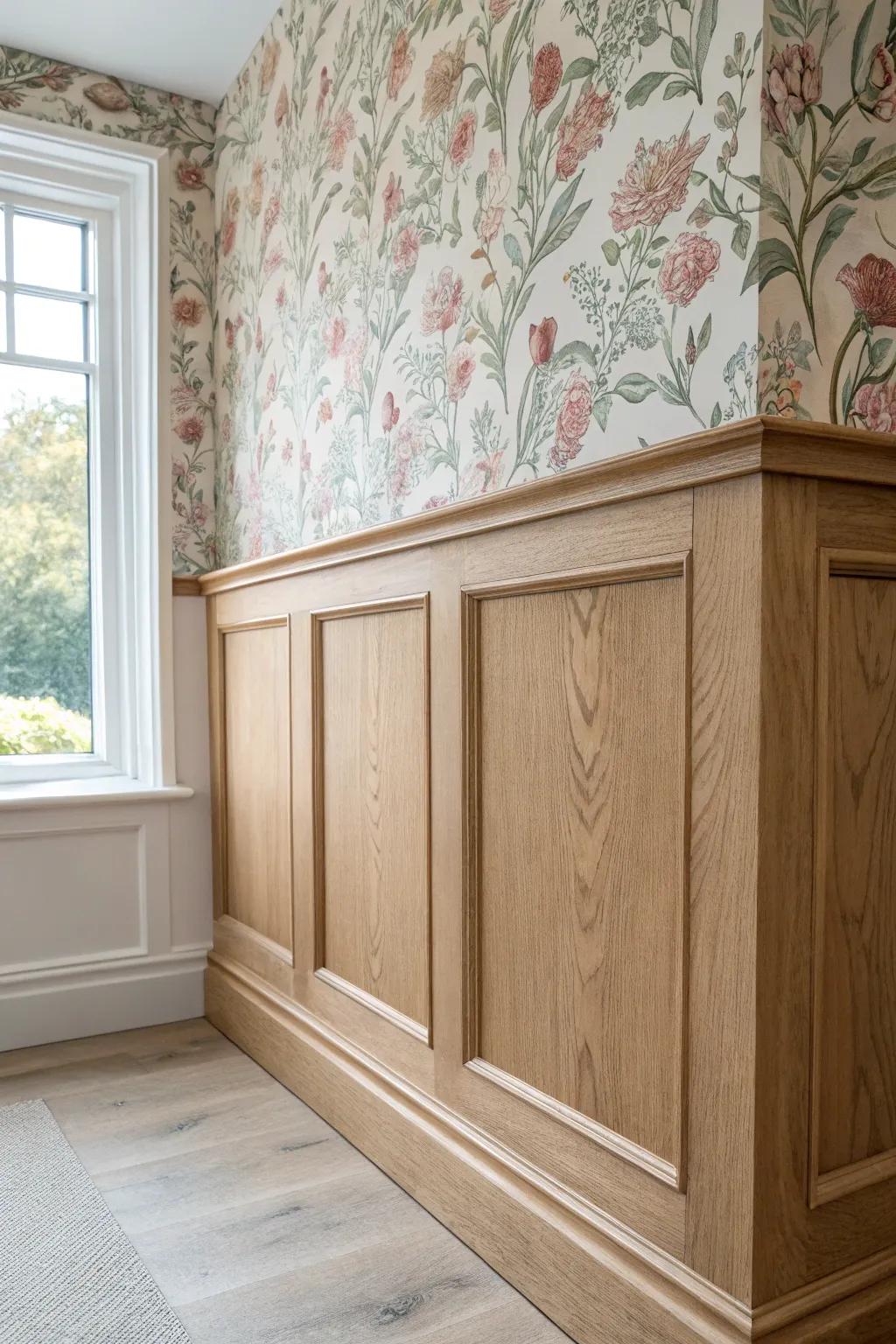 Pair floral Victorian wallpaper with simple wood paneling for a layered entryway that stays serene.
