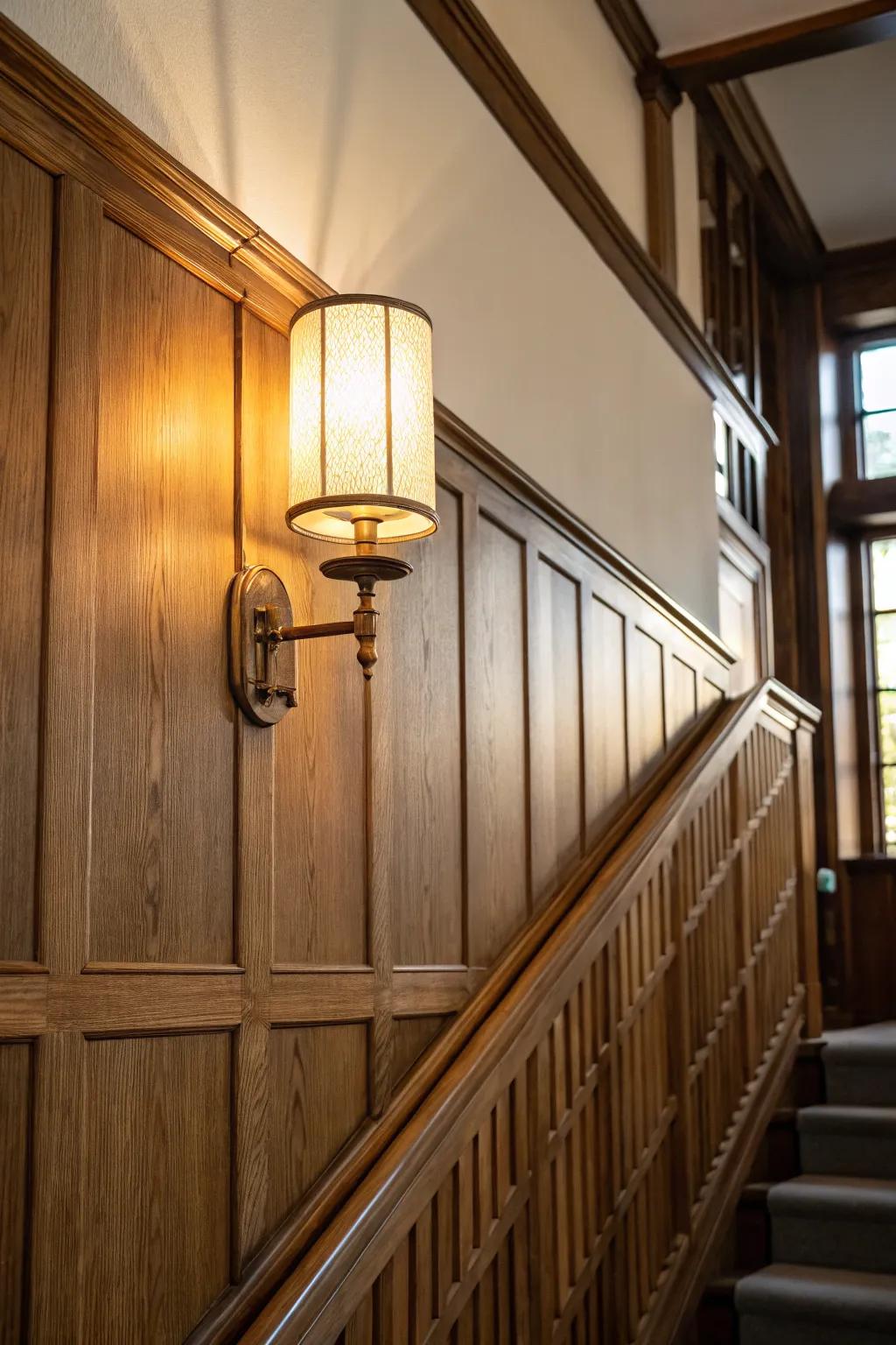 Warm brass sconce brings Victorian wainscoting to life—soft glow, rich wood grain, cozy welcome.