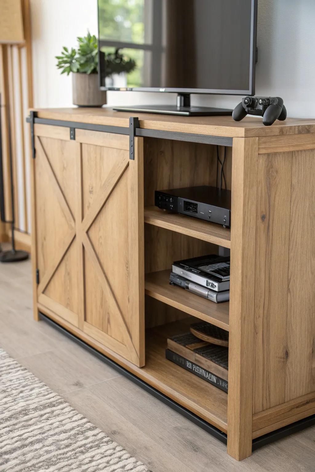 Rustic barn-door console shelf: hide cables, show your setup, and keep the look clean.