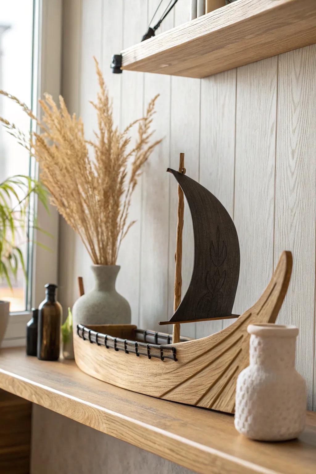 A minimalist longship shelf with burned edges—Viking vibes, Scandinavian calm, pure craft.