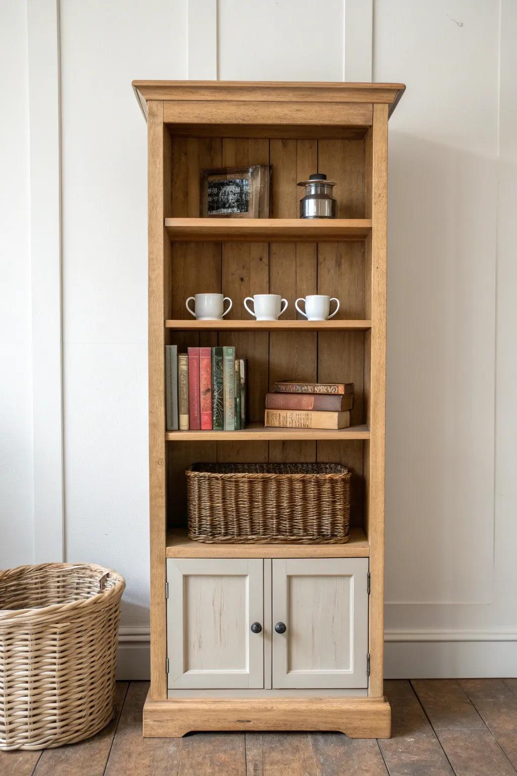 A weathered bookcase turned coffee bar—oak top, woven basket, and vintage canisters.