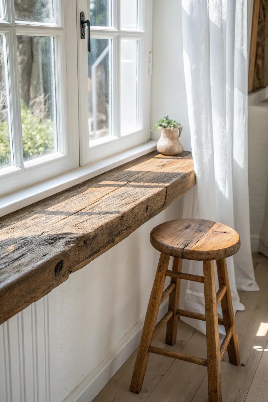 A reclaimed-wood window bar perch with a simple stool—vintage café charm in minimalist style.