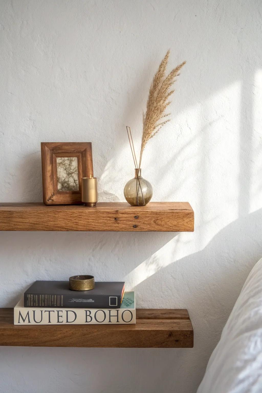 A single floating oak shelf turns vintage finds into curated charm—never clutter.