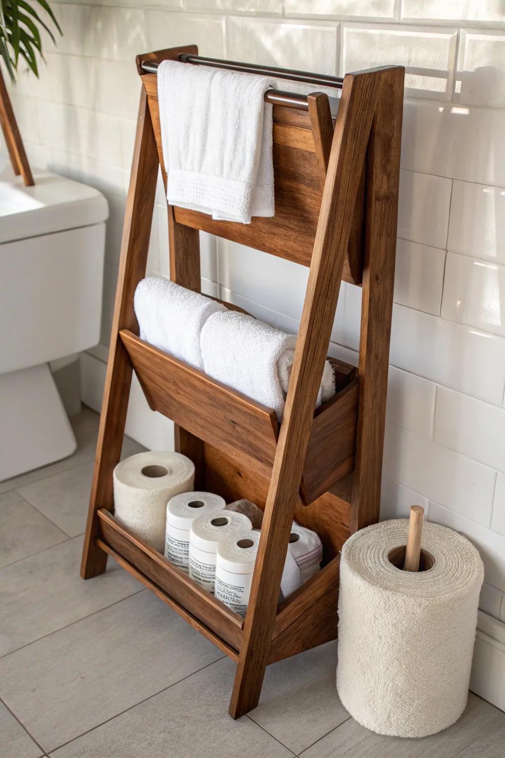 Vintage magazine rack, now a chic bathroom caddy for rolled towels and extra toilet paper.