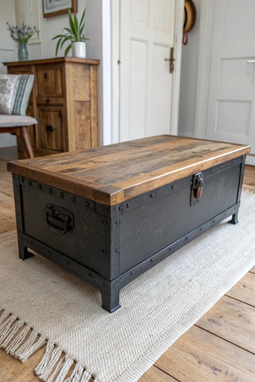 Vintage tool chest coffee table flip—rugged metal base, thick wood top, hidden storage.