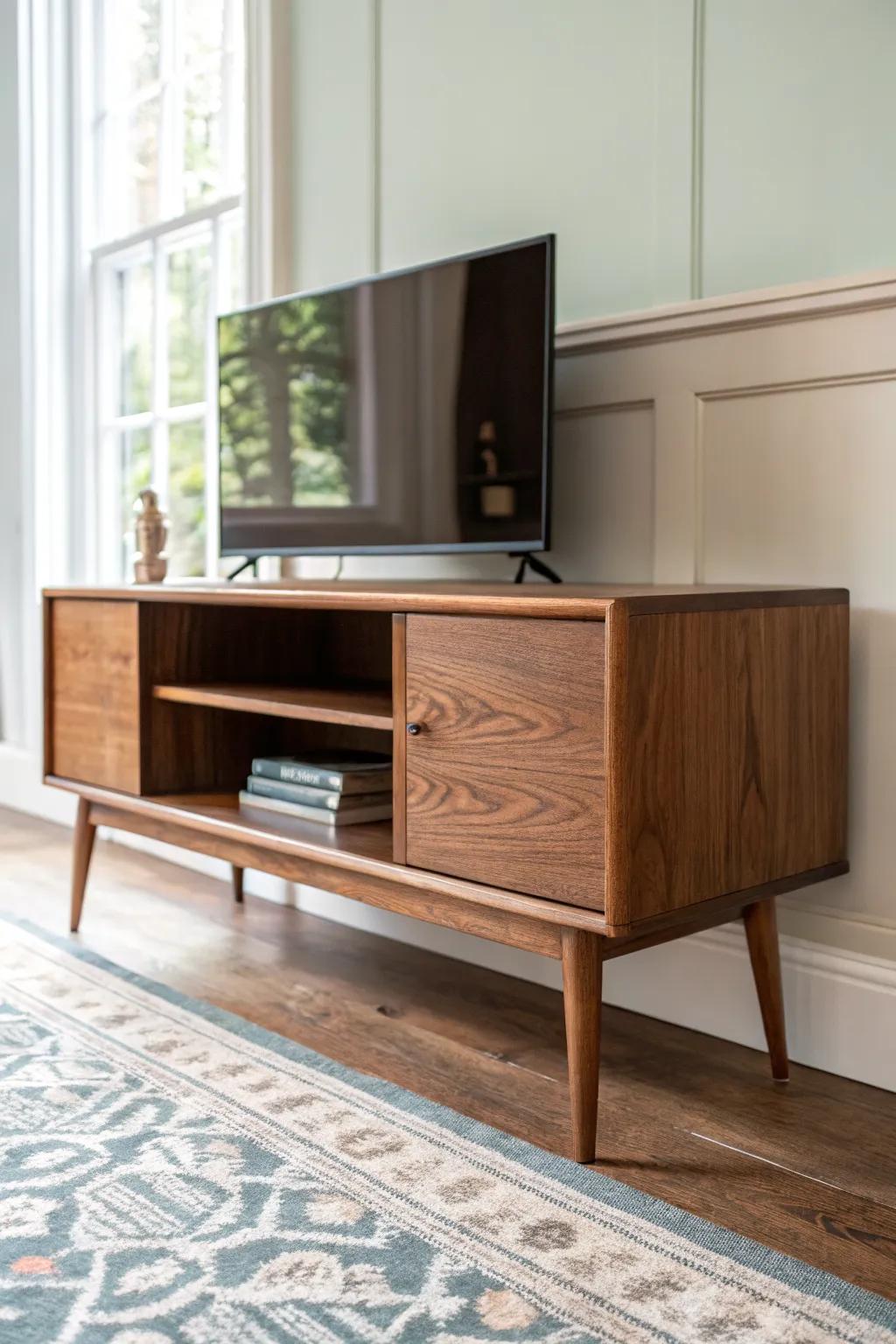 Turned legs transform a simple console into an heirloom-worthy vintage TV stand.