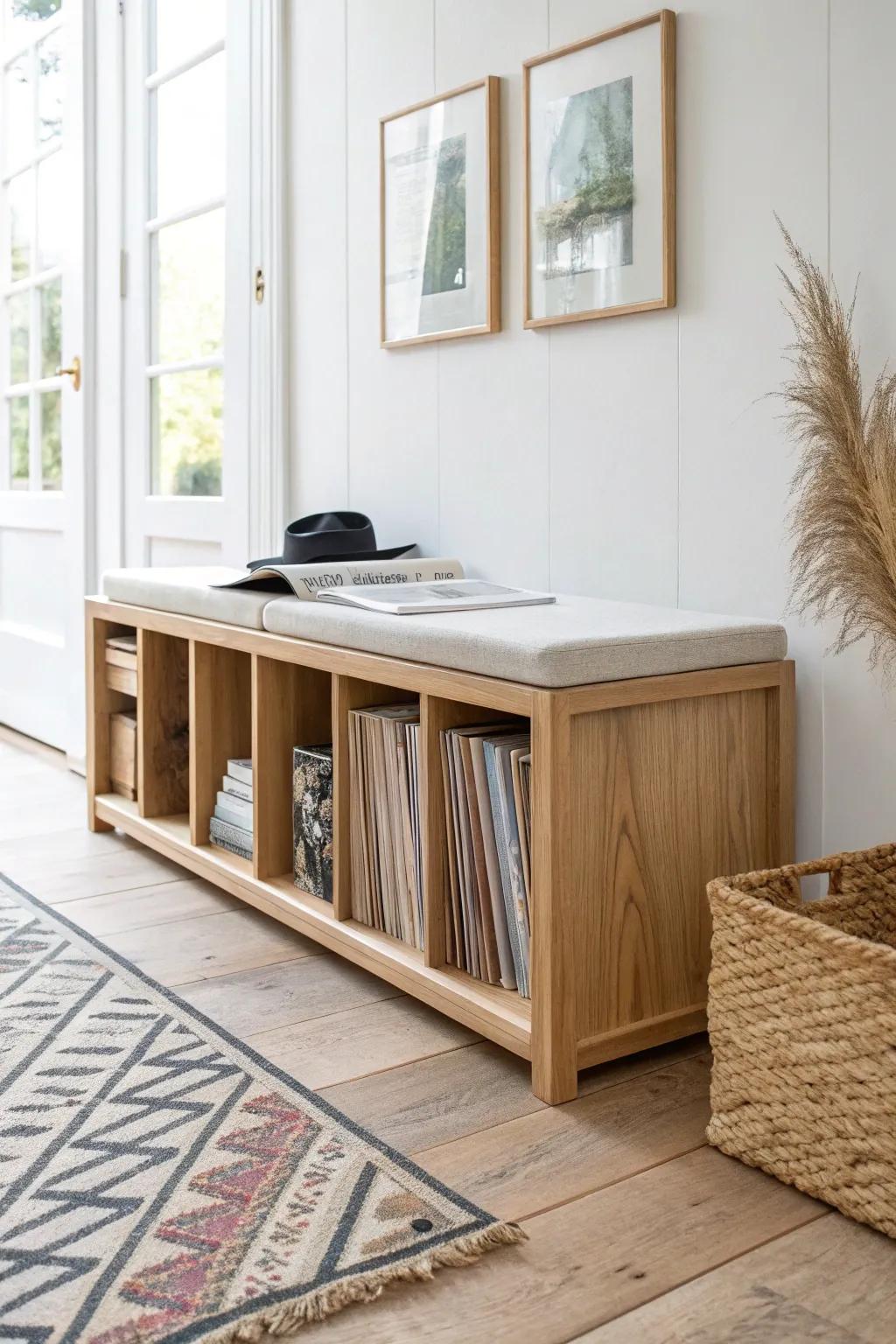 A cozy oak entryway bench with vinyl cubbies—minimal, warm, and beautifully practical.