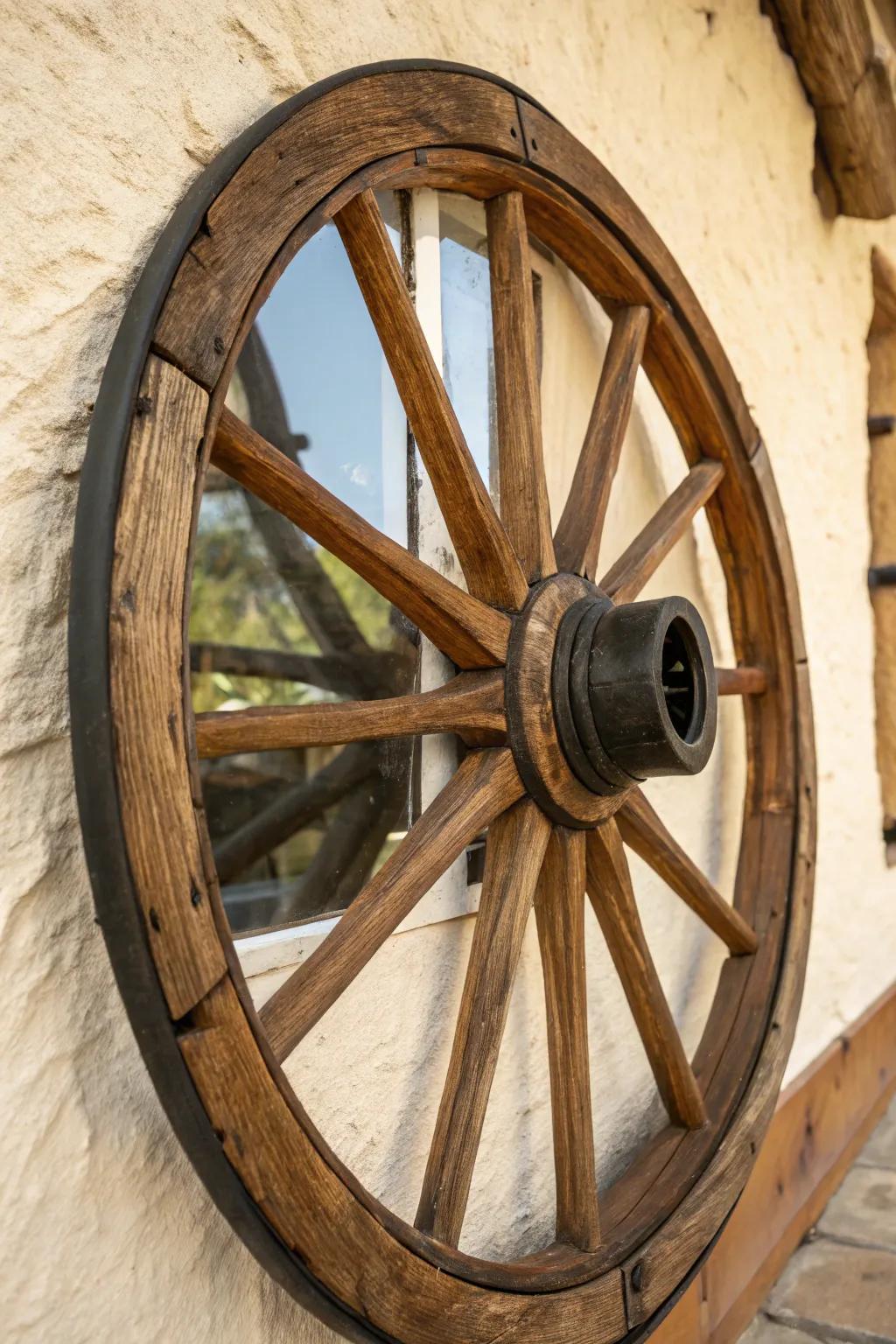 Wagon wheel mirror with matte black rim and natural spokes—rustic craft meets minimalist calm.