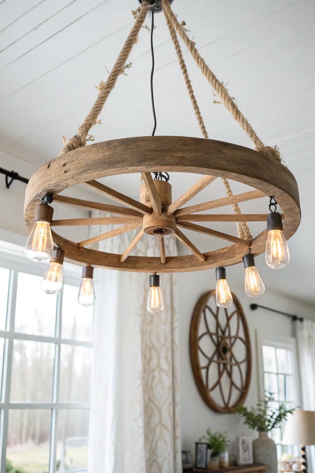 Wagon wheel chandelier with driftwood accents—minimal, airy, and beautifully handcrafted.