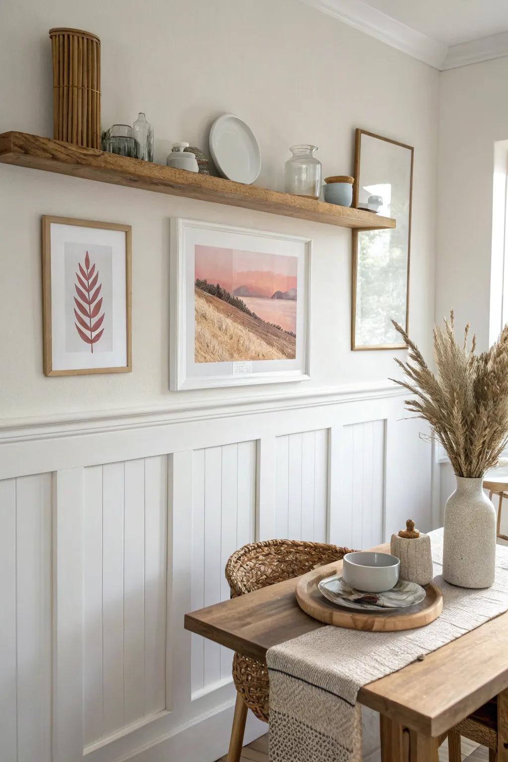 A slim wood picture ledge on wainscoting makes seasonal art swaps effortless and chic.
