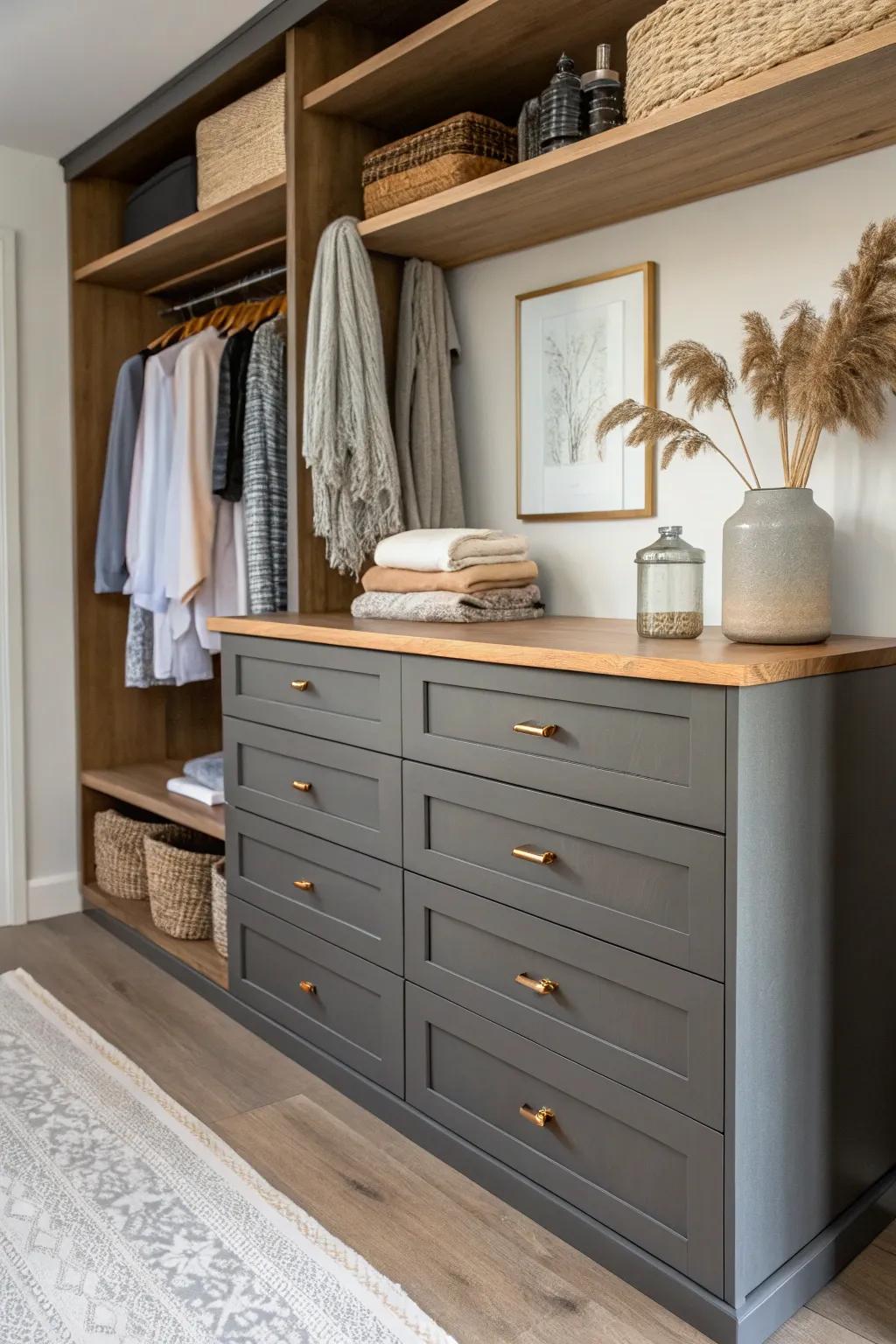 A two-tone built-in dresser—dark base, warm wood top—creates a bold closet focal point.