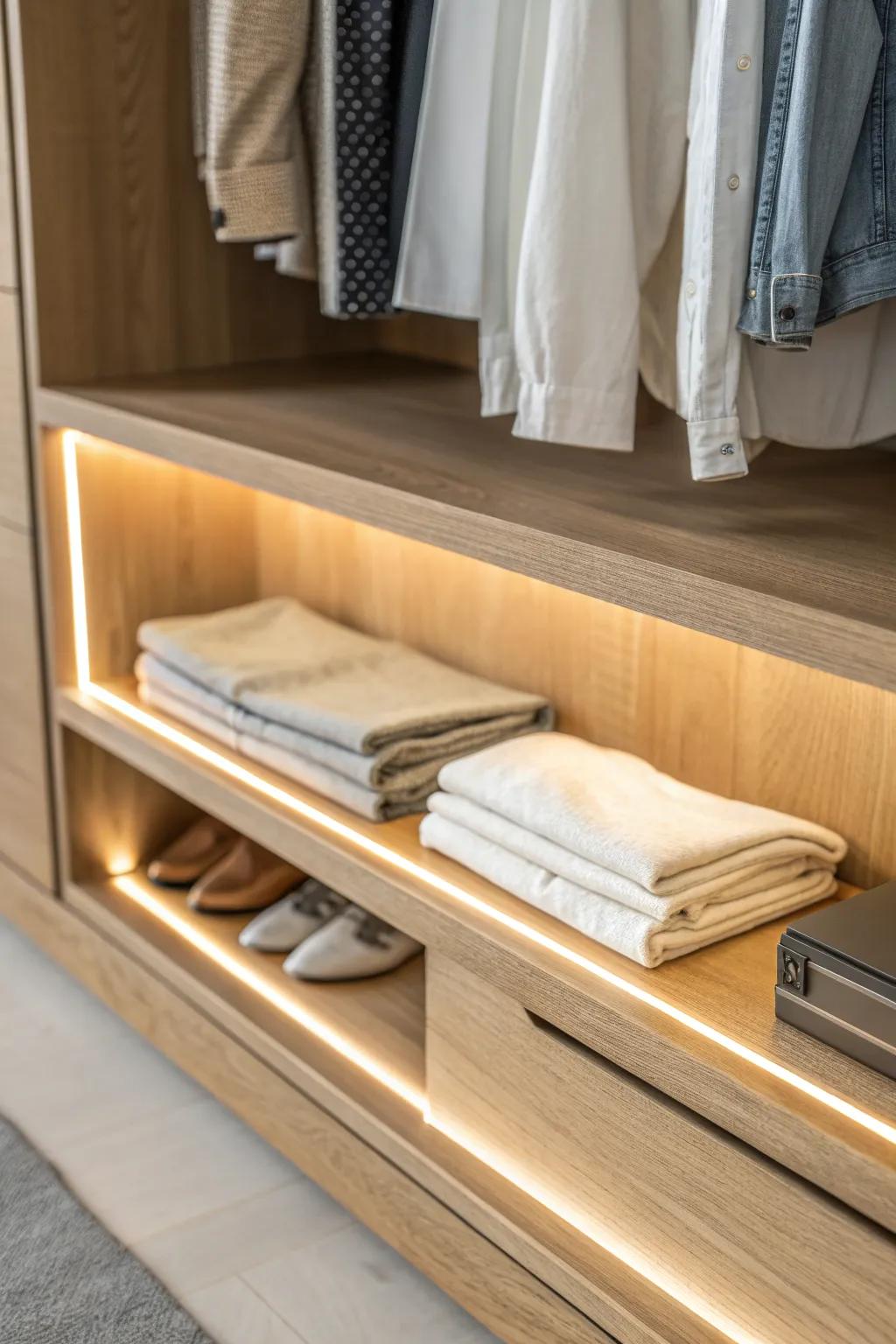 Warm LED shelf lighting for a walk-through closet: flattering glow, true colors, crisp wood grain.