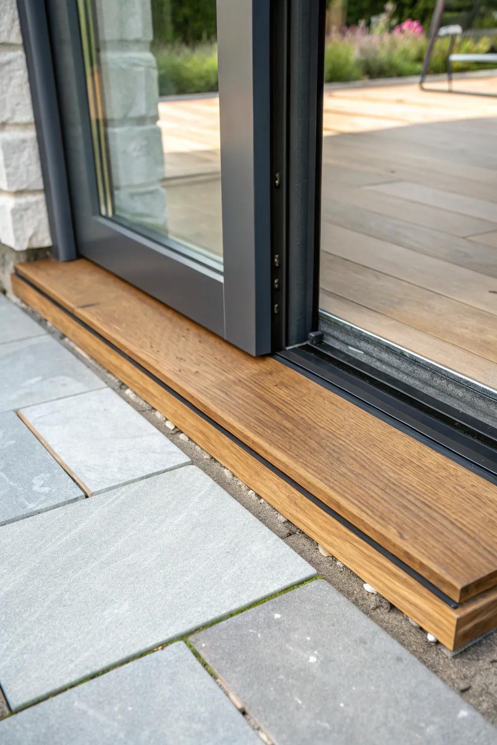 A flush wood threshold and flat paver landing for a safer, cleaner walkout basement exit.