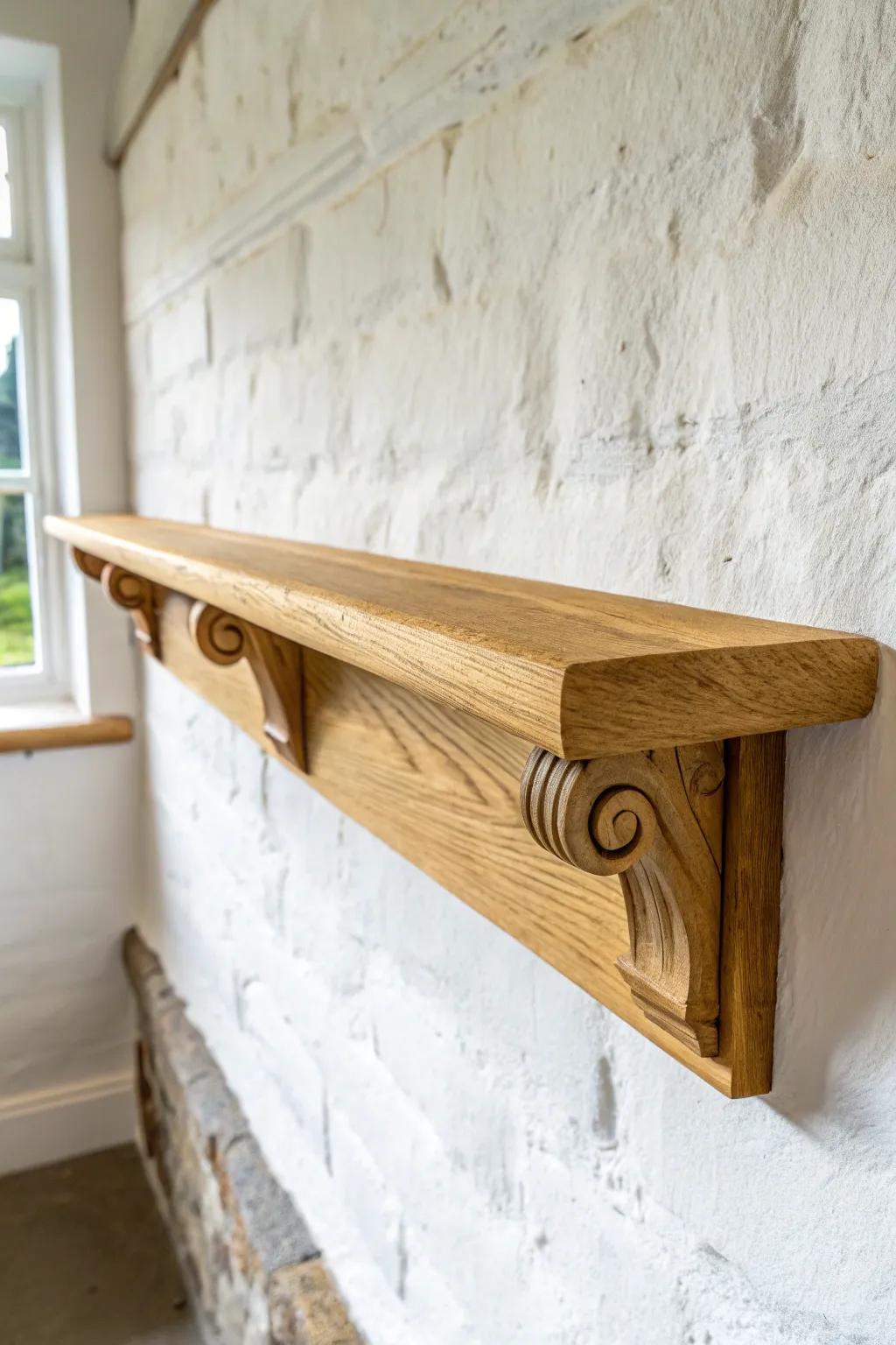 Warm oak beam shelf with petite corbels—an easy way to add timber-frame charm to any wall.