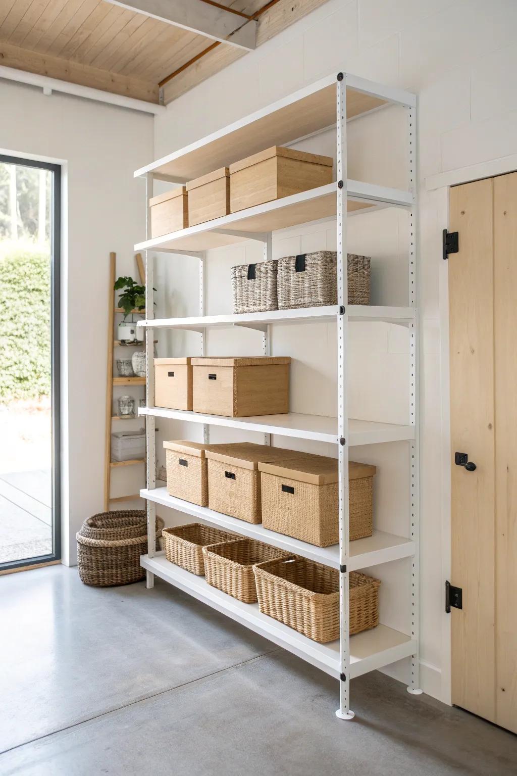 Flexible upright track shelving—swap shelf heights anytime, with clean Scandinavian style.