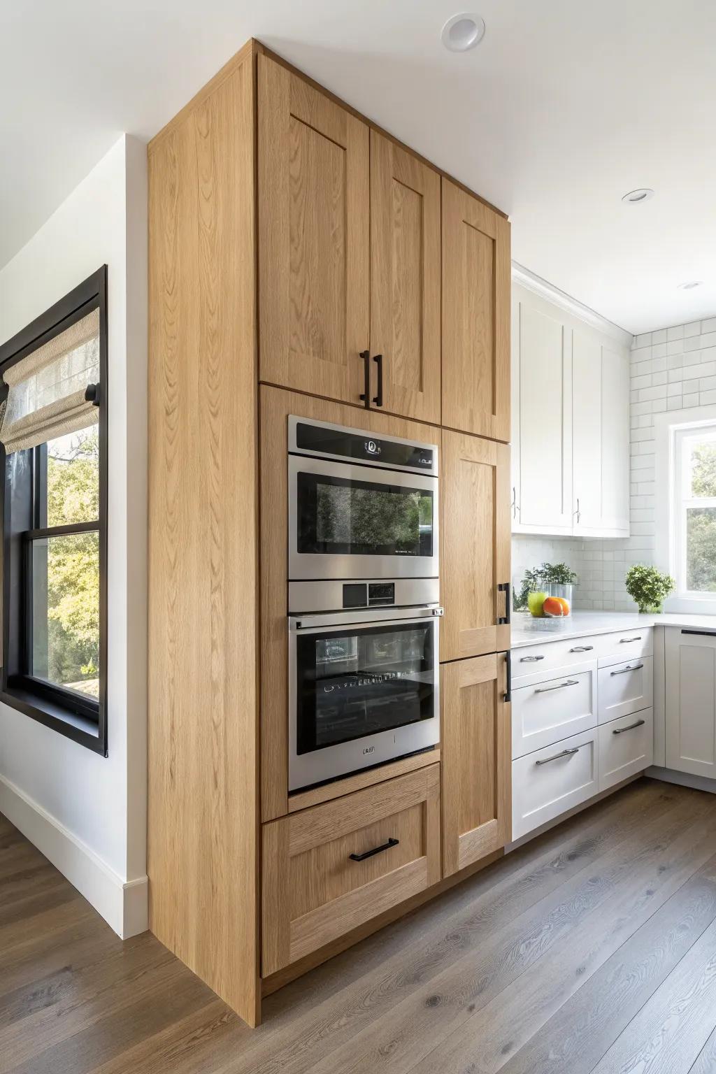 Recessed corner wall oven cabinet in light oak—smart space saver with Scandinavian calm.