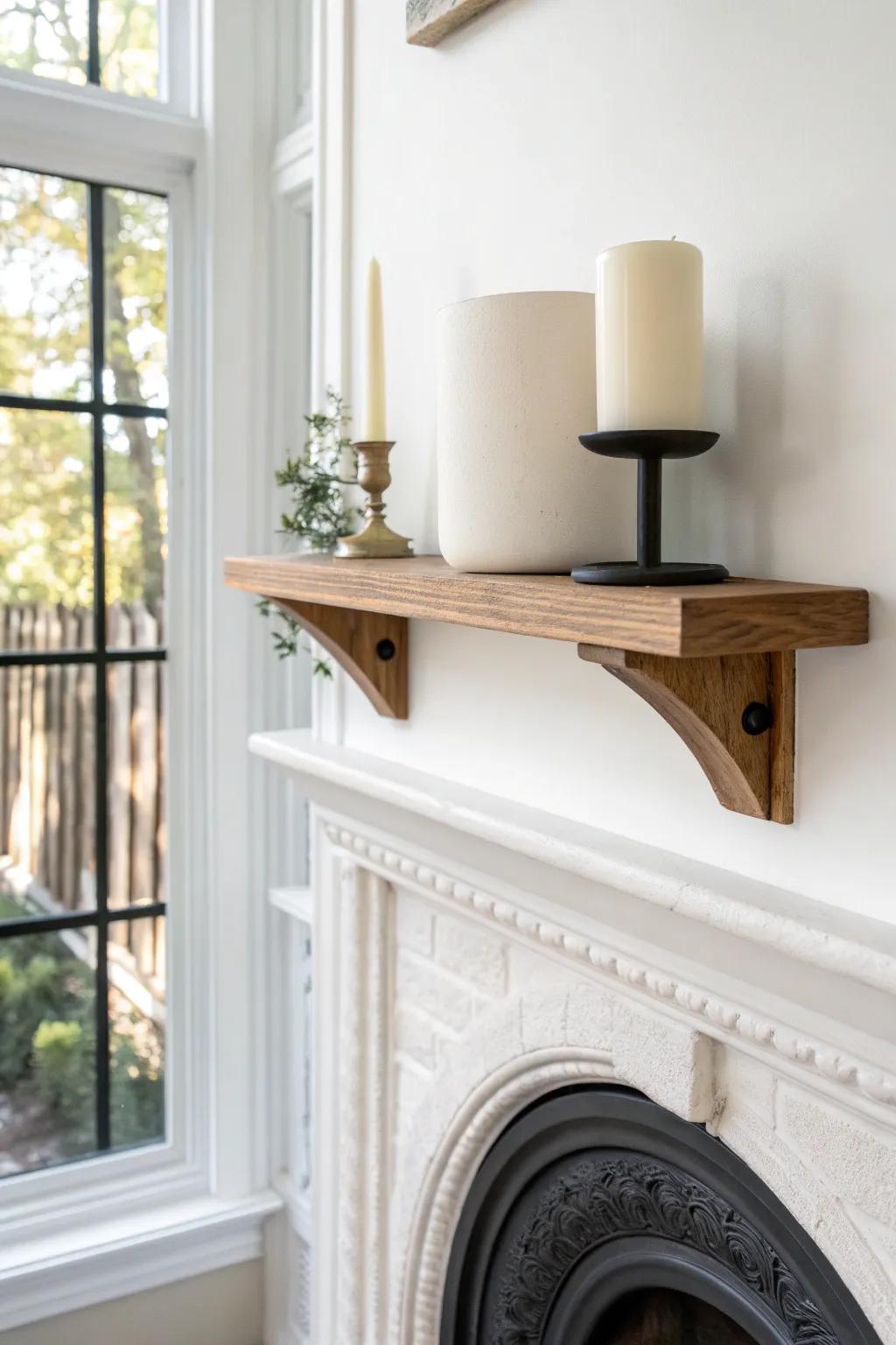 Oak sconce shelf by the fireplace—minimal, balanced, and perfect for a tall candle or vase.
