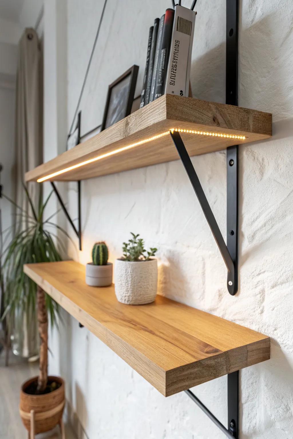 Rustic bracket shelf with hidden under-glow lighting for a cozy, modern wall-shelf moment.