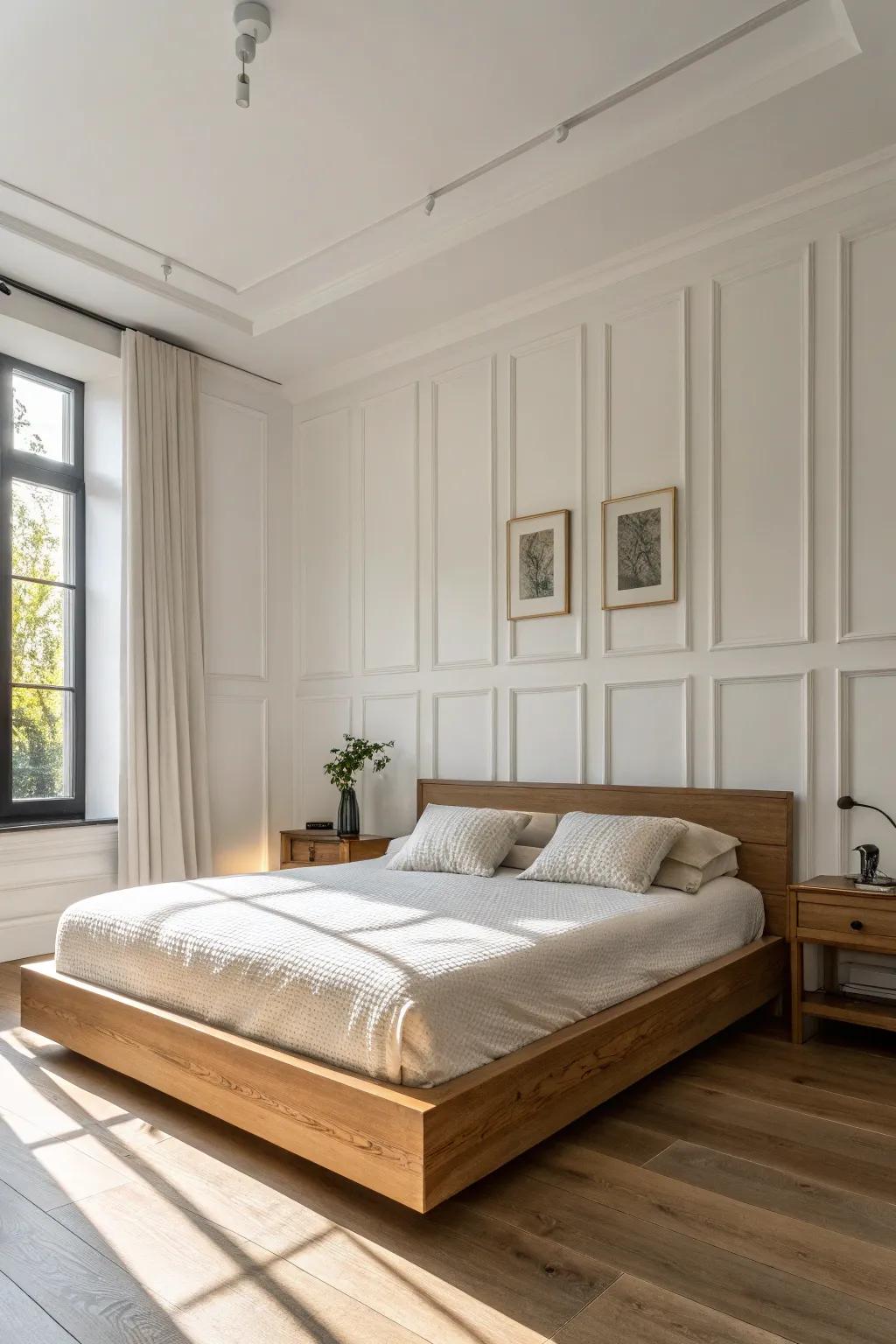 A no-bulk “headboard” made from trim frames—clean, custom, and instantly cozy.