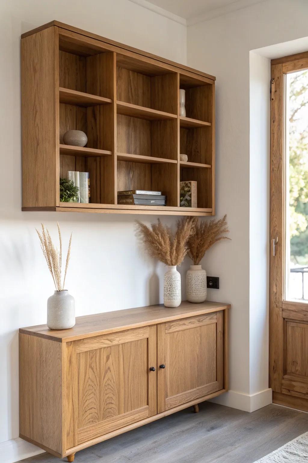 Leave breathing room: a handmade oak wall unit with open shelves feels curated, not cluttered.