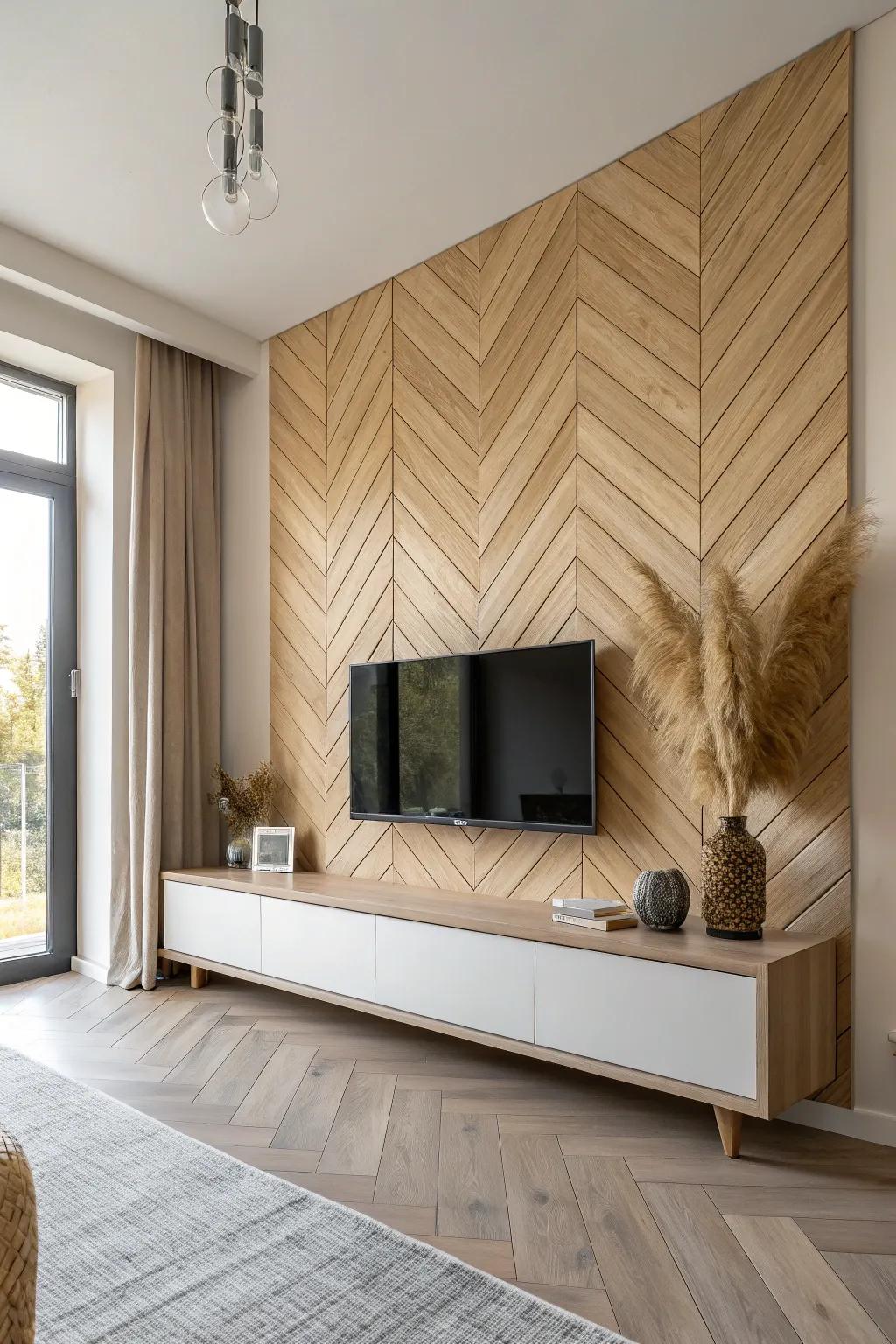 Light oak herringbone paneling adds timeless texture—dry-fit first for a flawless feature wall.