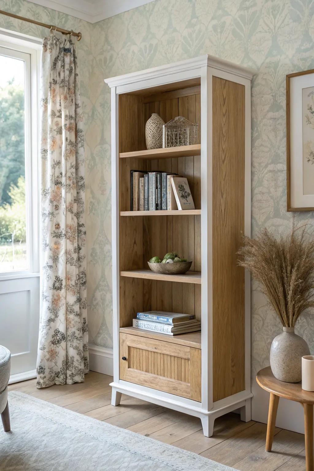 Weekend bookcase flip: wallpapered back panel + warm-white frame for custom Scandinavian charm.