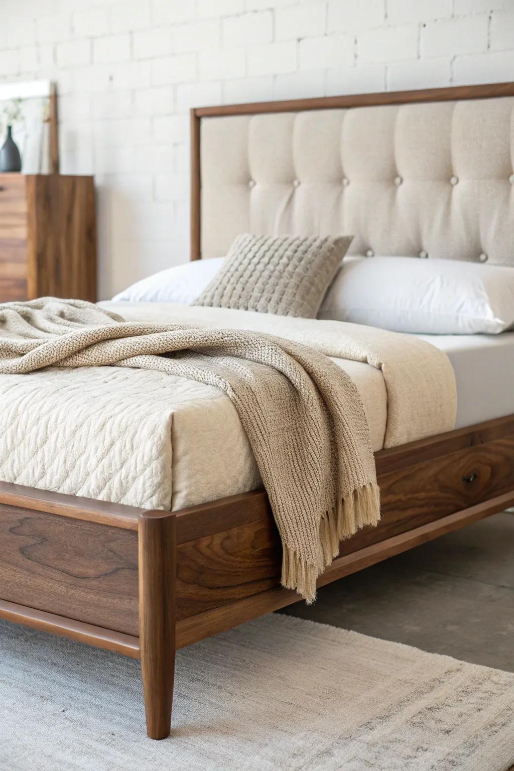 Walnut warmth meets soft linen comfort—an upholstered headboard for cozy, calm nights.