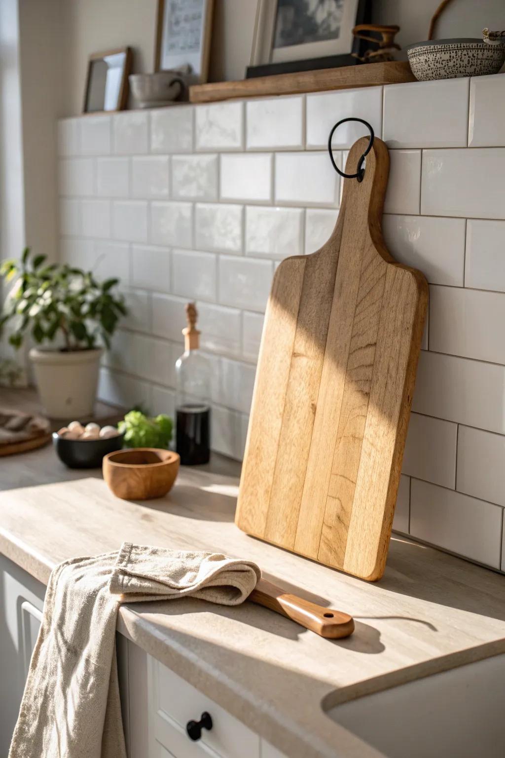 A handcrafted wood cutting board adds instant warmth against a warm white backsplash.