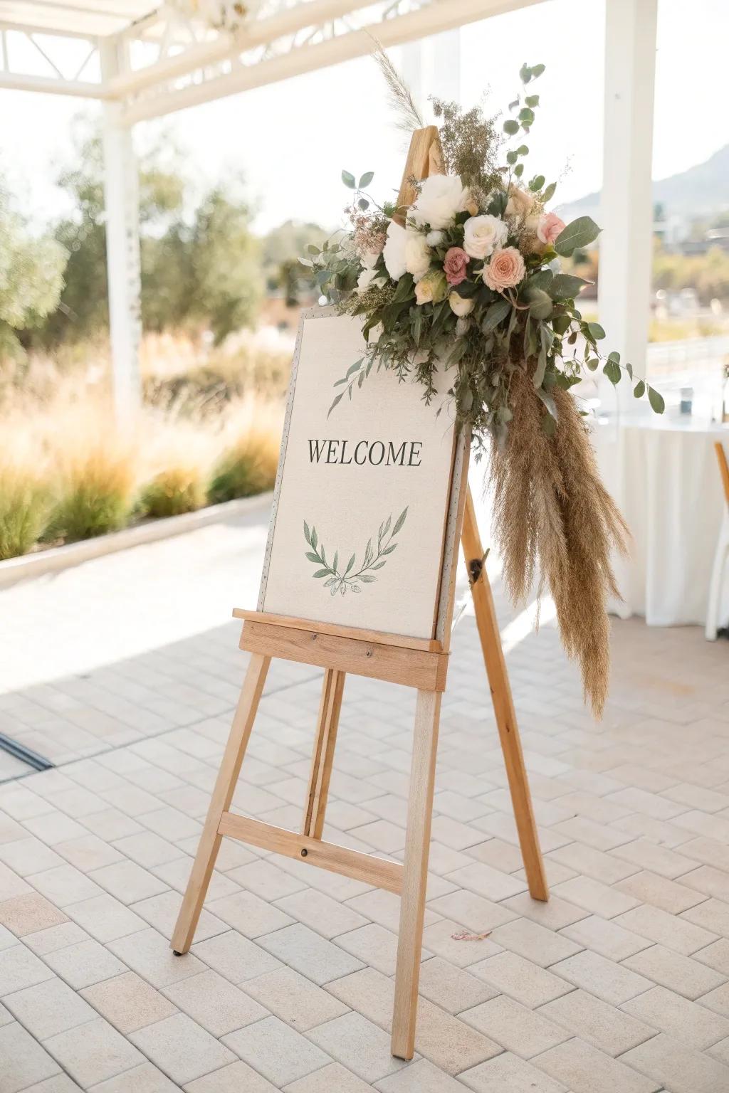 A wired floral swag on the easel corner instantly adds lush, effortless wedding style.